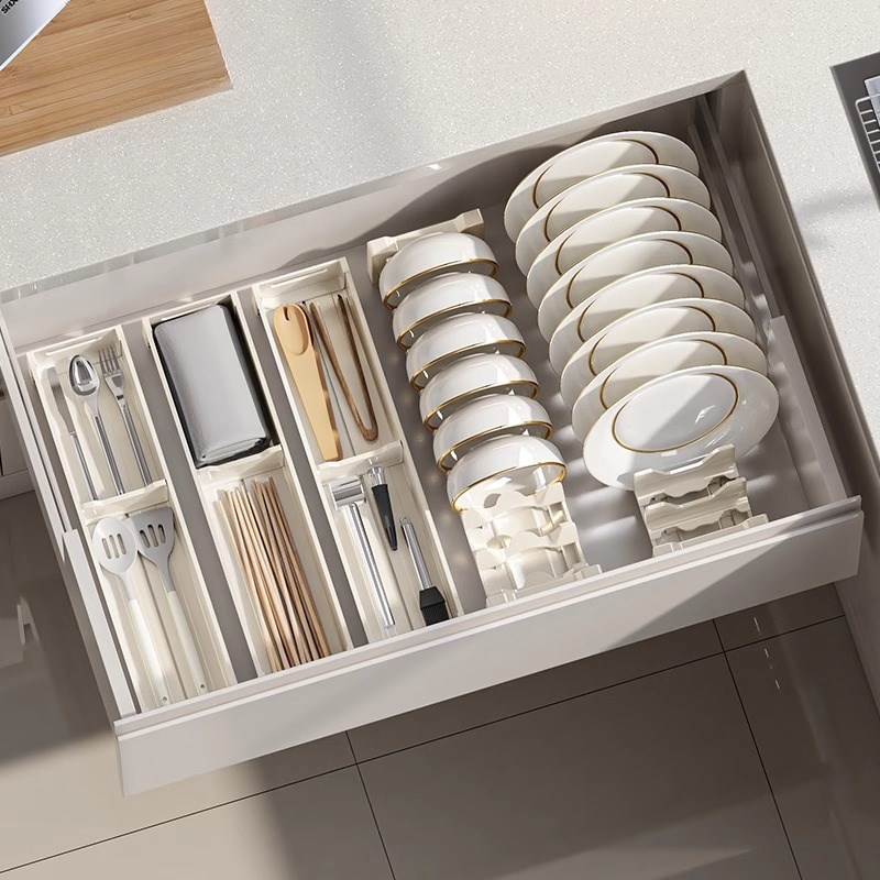 厨房抽屉收纳分i隔内置橱柜内碗碟收纳架碗筷盘子收纳盒内置碗架