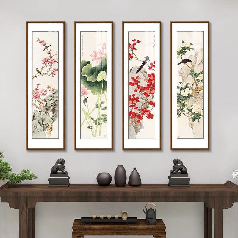 国画花开富贵f四条屏玄关画中式客厅装饰画花鸟图四联春夏秋冬挂