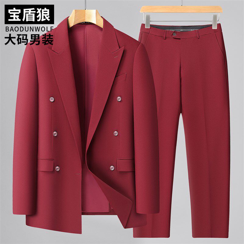 红色喜庆西服三件套男装宽松大码春秋新款胖子双排扣结婚西装套装