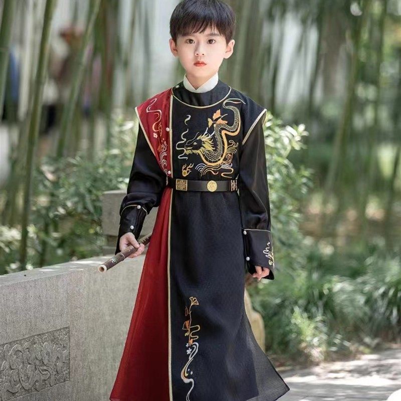 儿童汉服春秋长袖男童古装帅气小男孩武侠风演出服明制圆领袍唐装