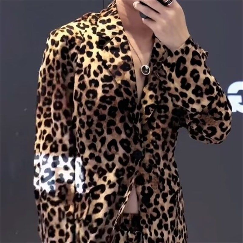超薄款豹纹衬衫套装男 夏季新x款时尚薄款休闲衬衣+五分裤两件套
