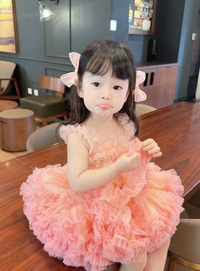 女宝宝1周岁礼服公主蓬蓬蛋糕裙吊带洋装抓周软纱裙女童兔兔裙