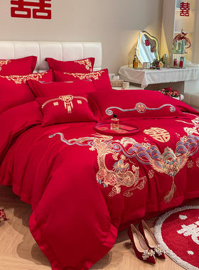 新中式1b00支婚庆四件套大红色喜被龙凤刺绣被套新婚结婚床上用品