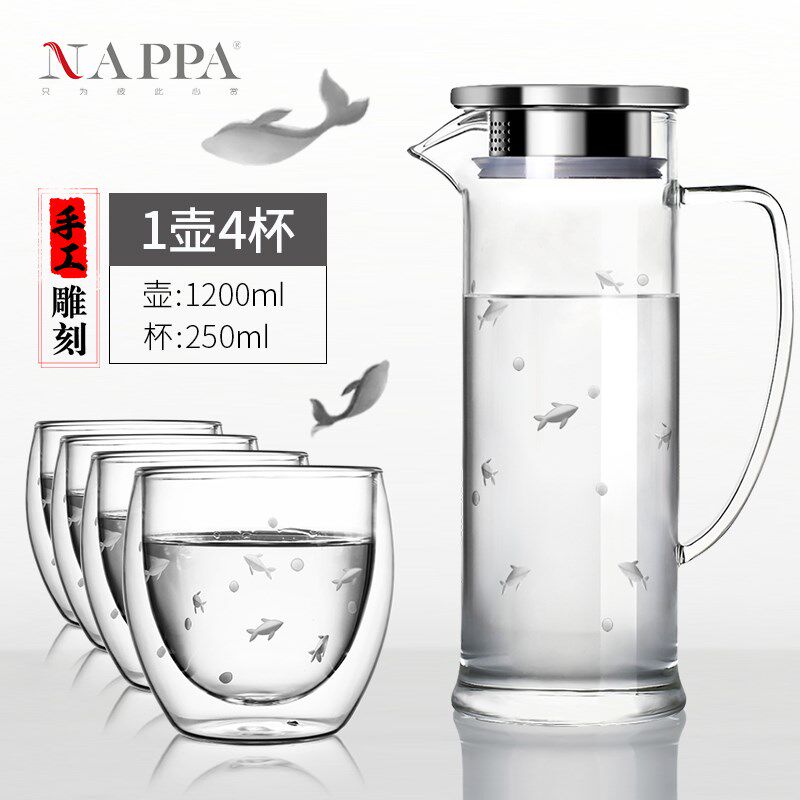 北欧雕花冷水壶 耐高温玻璃凉水壶果汁壶家用电陶炉直烧英式水壶