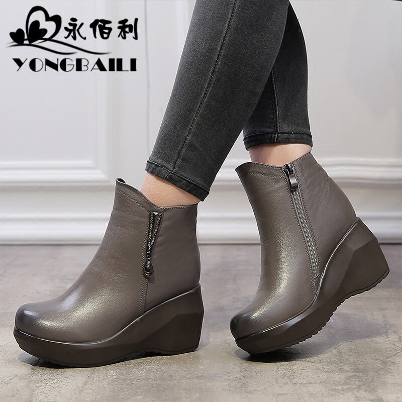 2025冬季新款头层牛皮短靴女厚底松糕拉链圆头舒适女鞋靴子皮鞋