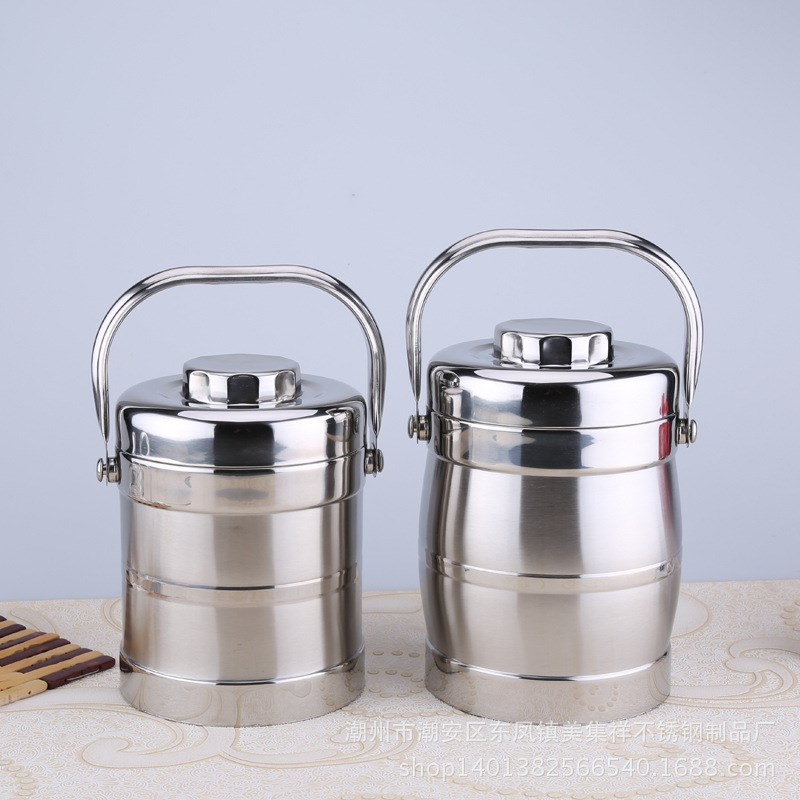 加厚不锈钢提锅鼓型直型平碗盖便当盒保L温桶饭盒分格分餐提篮