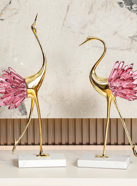 轻奢丹顶鹤铜摆件仙鹤o水晶工艺品客厅玄关电视酒柜装饰品乔迁送
