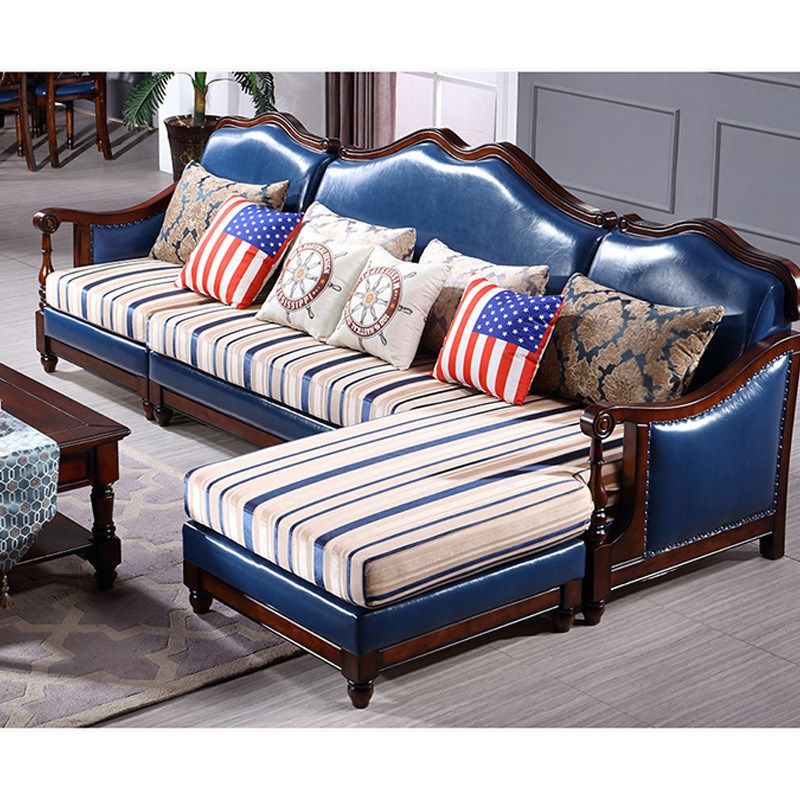 美式乡村实木沙发组合套装客厅转角皮艺沙发带茶几座垫复古罗马柱
