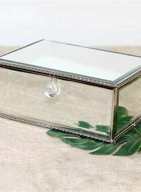 欧式玻璃长方形首饰盒摆件创意软装陈设银色镜面珠宝盒家居装饰品