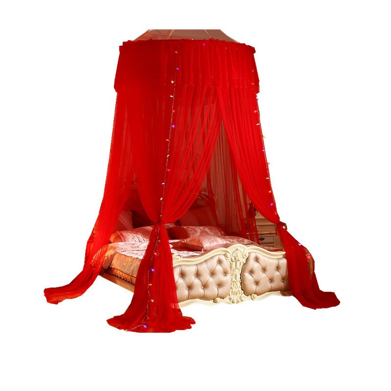 三开门吊顶蚊帐公主睡帐圆顶双层花边挂帐加高加密免安装落地蚊帐