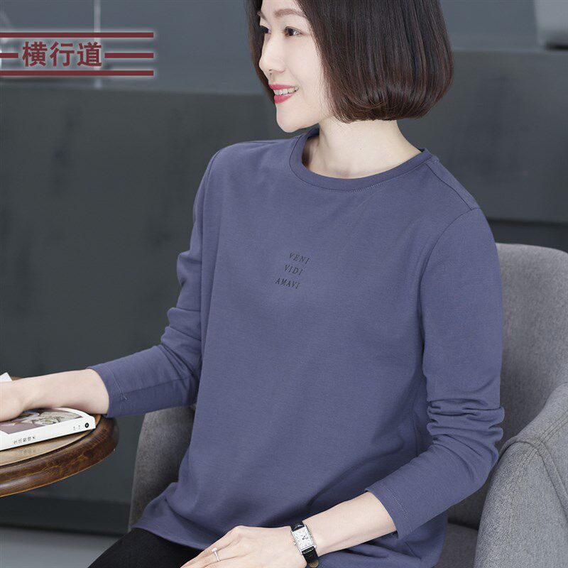 春装字母长袖T恤女士纯棉宽松妈妈装上衣2025新款大码中年打底衫