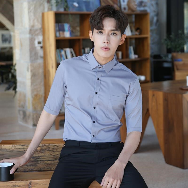 高档七分白袖衬衫男色商修u务职业正装夏季工作服工中袖身装半袖