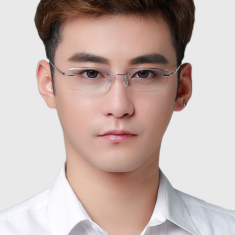 超轻纯钛眼镜框镶钻切边近视眼镜架男士无框树脂镜片可配度数9051