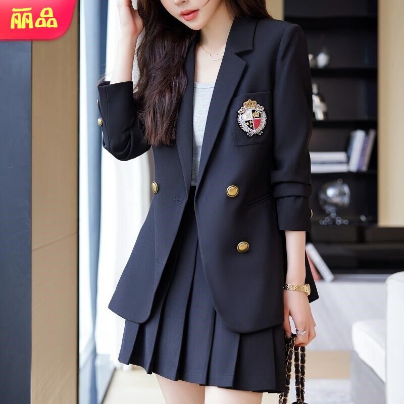 高货速发小个子韩版时尚百褶裙套装学院风西装外套女春装套裙洋气