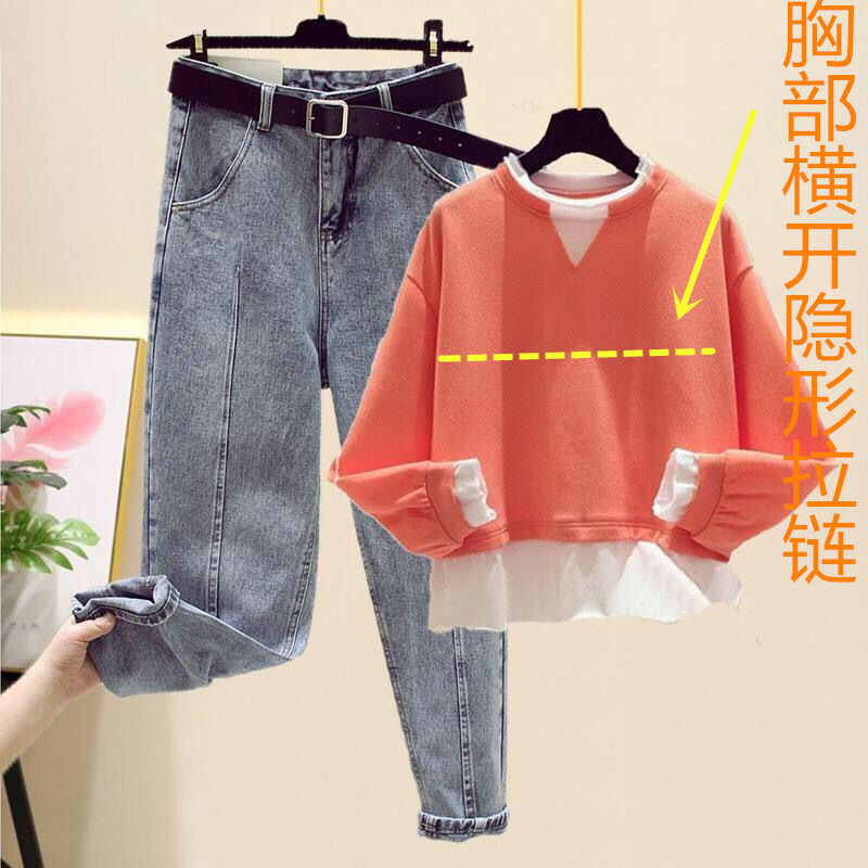 哺乳衣外出辣妈款假两件时尚套装秋季长袖宽松喂奶上衣T恤两件套
