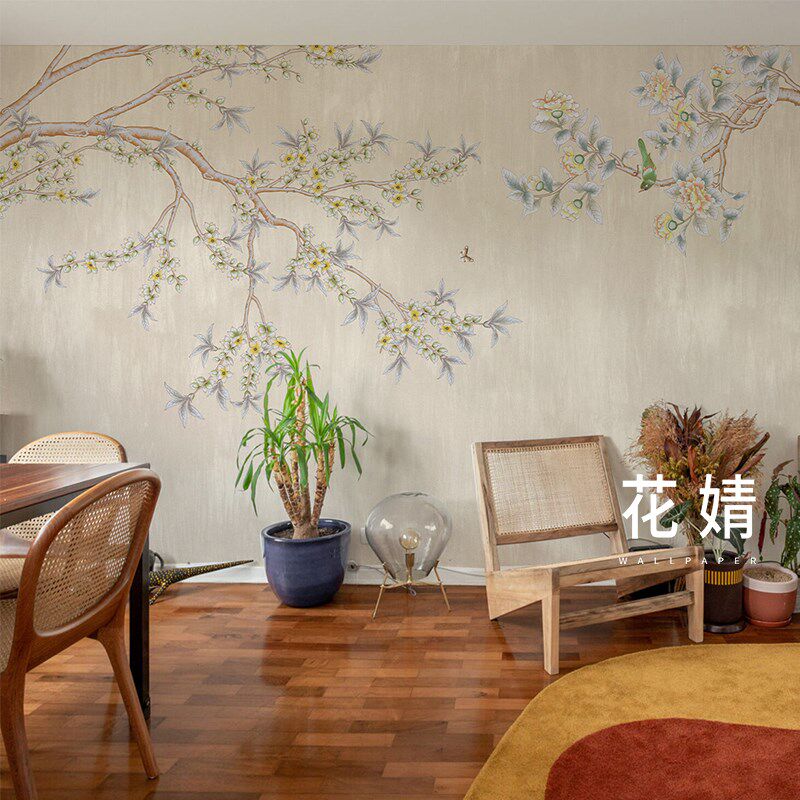 墙布定制工笔花鸟艺术壁纸奢华z民宿电视背景墙纸中式客厅卧室壁