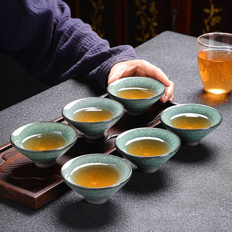 绿冰花冰裂釉主人单杯开片茶杯盏A陶瓷茶具功夫茶杯套装6只斗笠杯