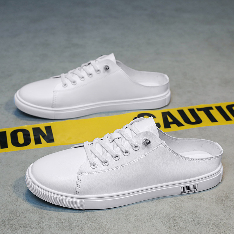 半托懒人鞋男夏季透气单r层皮面板鞋无后跟办公室休闲半拖鞋小白