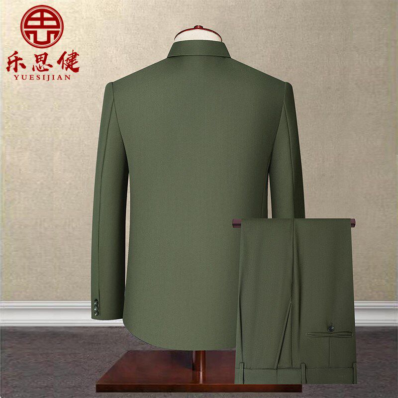 军绿中山装男h套装中老年中山服老年军便服春秋冬爷爷爸爸老人服