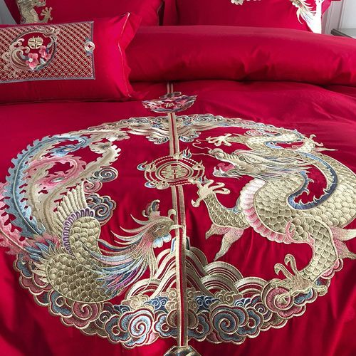 九喜狐家纺婚庆套件床上用品四件套红色喜被龙凤刺绣备婚恭贺新禧