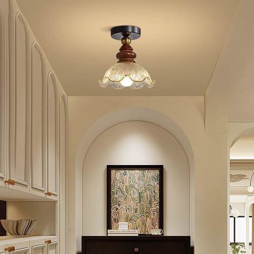 小吸顶新中式中古过道玄关阳台实木吸顶灯日式复古玻璃床头小吊灯