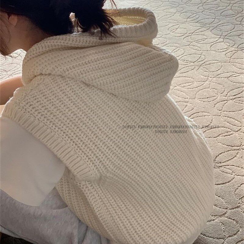 复古连帽针织马甲女秋季新款白色上衣毛线无袖叠穿毛衣背心早春