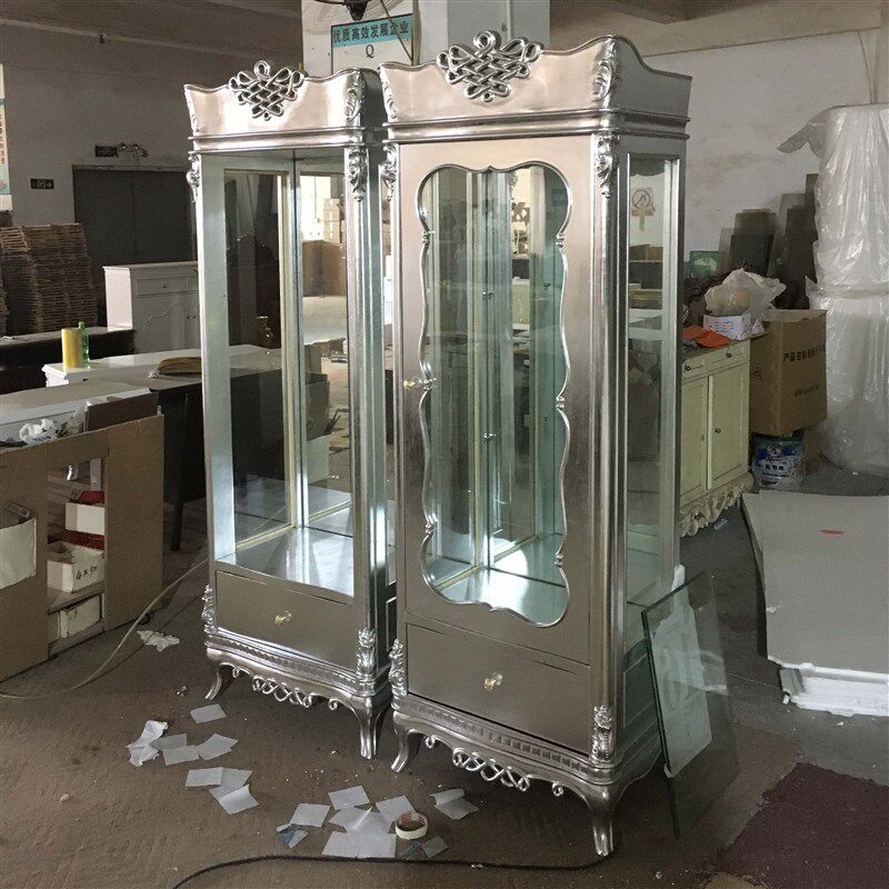 新古典后现代实木酒柜 欧式金银箔红F酒柜酒架 客厅玻璃展示柜简