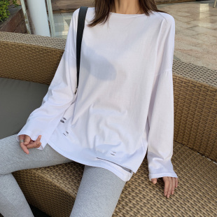 春秋装长袖上衣女宽松中长款纯棉白色下摆破洞t恤卫衣内搭打底衫Y