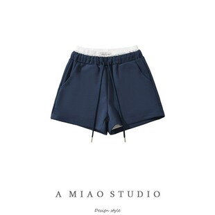 撞色蕾丝拼接双腰头系带运动短裤女百搭短卫裤辣妹外穿松弛感热裤
