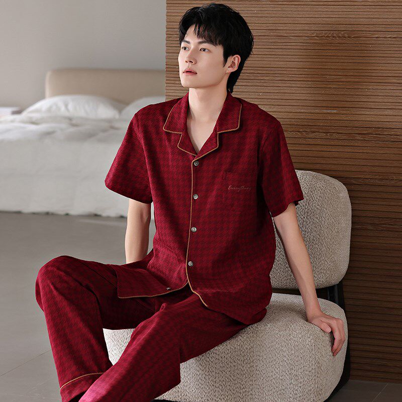男士睡衣短袖长裤红色本命年家居服夏季夏天薄款纯棉休闲大码套装
