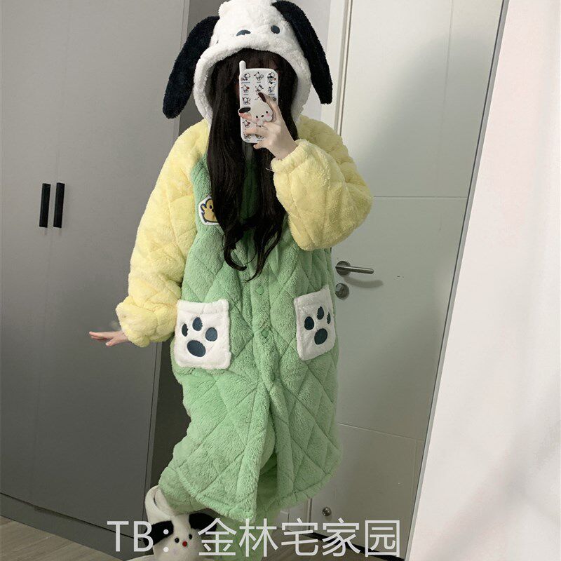 新款睡衣绿色帕恰狗冬季加绒加厚少女可爱三层夹棉睡袍家居服套装