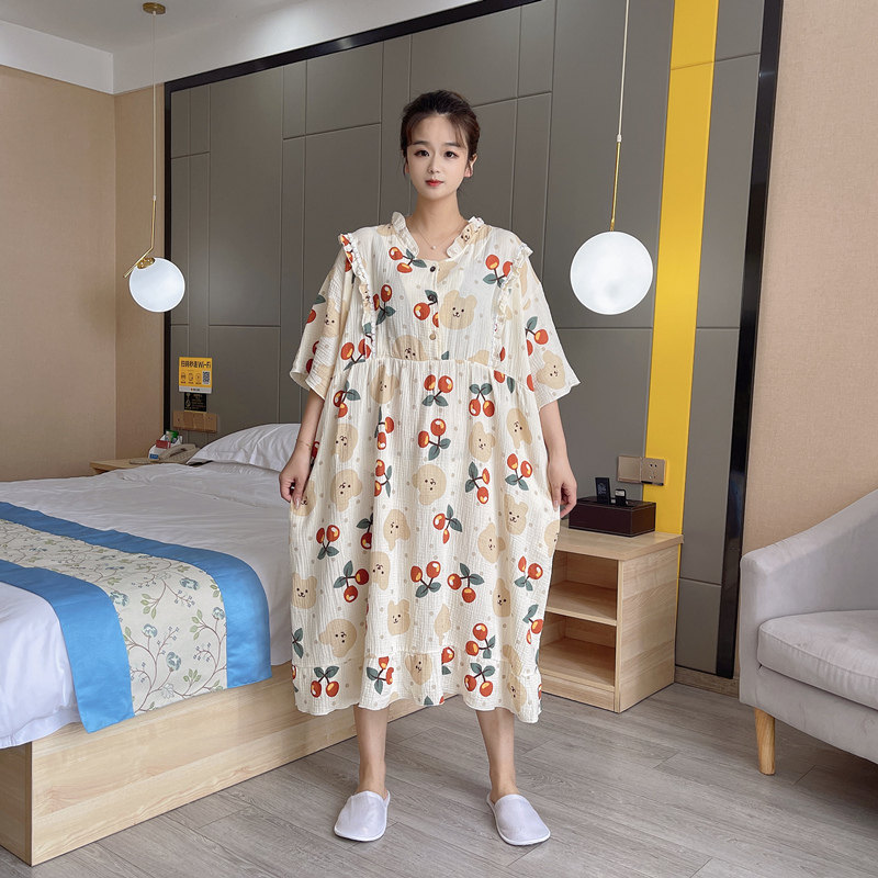 卡通大码哺乳睡裙女产后喂奶婴儿棉纱布孕妇睡衣夏短袖薄款月子服