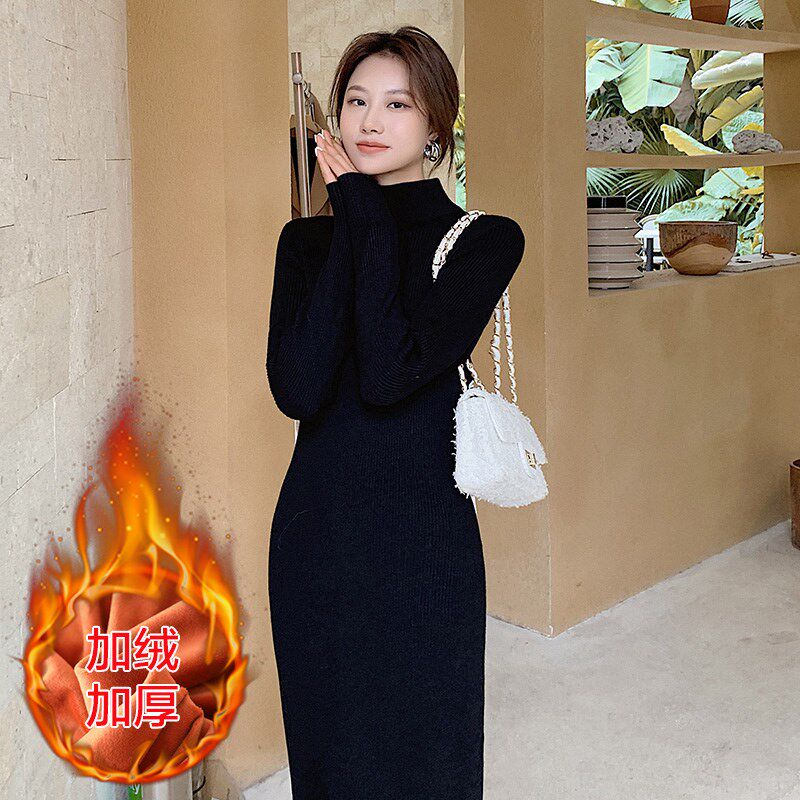 一体绒过膝长裙加绒加厚毛衣女冬季长款修身半高领保暖针织打底衫
