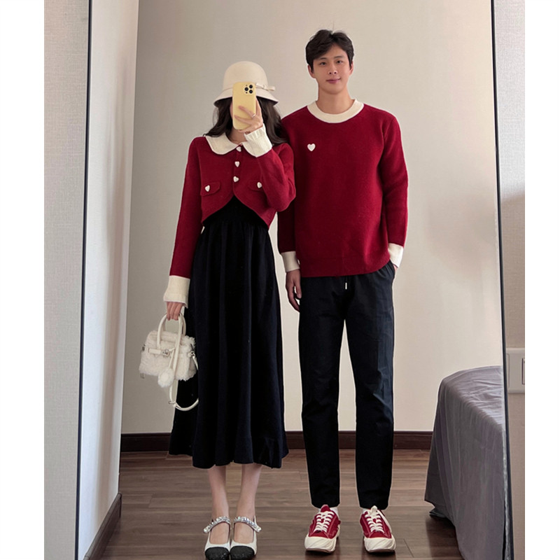 小众设计感情侣装秋冬韩版红色新年毛衣连衣裙两件套法式一衣一裙