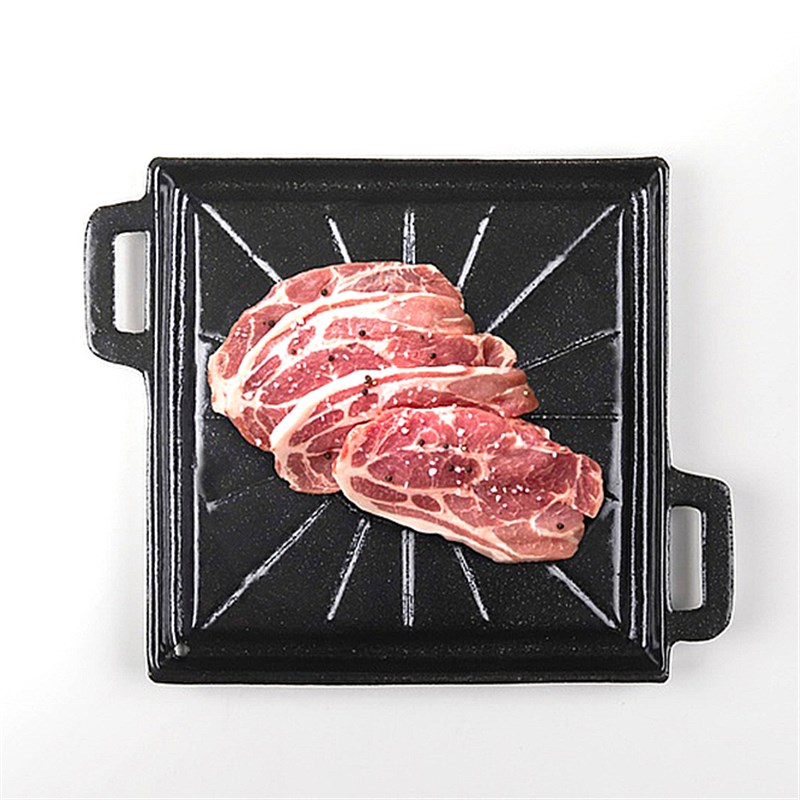 韩式铸铁方形烤盘搪瓷烤u肉盘煎牛排铁板烧料理盘生铁烧烤盘