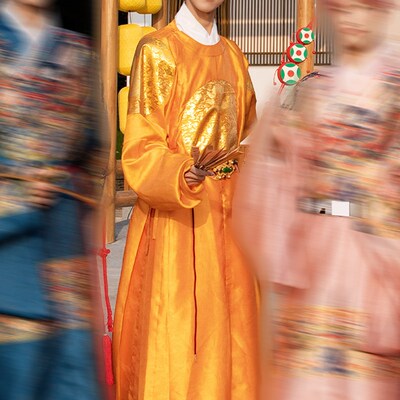 惜物国风 明制传统汉服云纹暗花纱织金四团龙明初圆领窄袖打褶袍