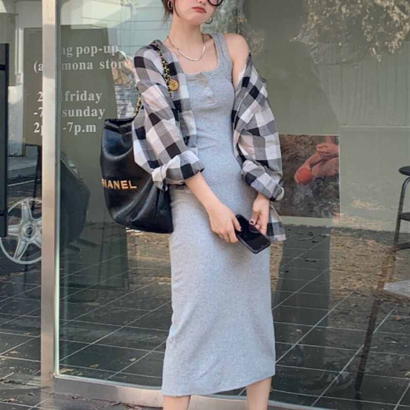 早春灰色无袖内搭吊带连衣裙女夏紧身休闲背心长裙运动包臀裙子秋