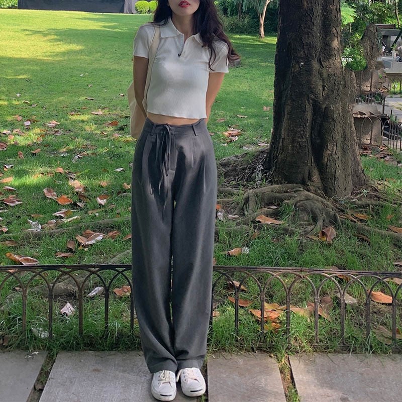 网红 阔腿裤女2024高腰垂感显瘦直筒休闲系带西装拖地裤