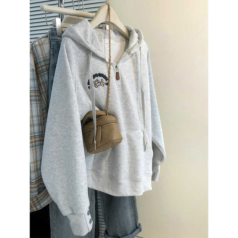 美式复古半拉链连帽卫衣女春秋冬季薄款宽松韩版刺绣长袖上衣外套