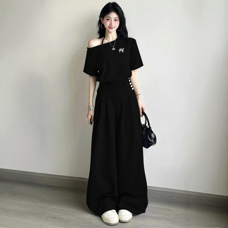 高级感时尚运动服套装女夏季韩系显瘦斜肩宽松短袖休闲两件套纯棉