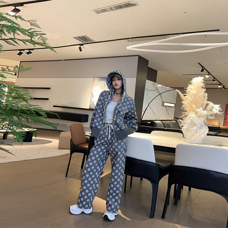 加肥连帽拼色拉链上衣松紧腰系带长裤胖妹妹休闲满身花朵两件套潮