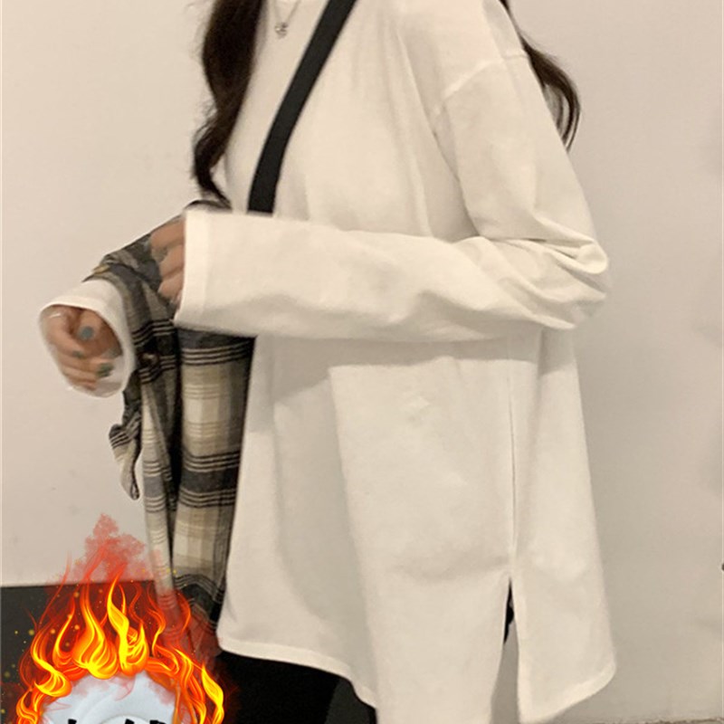 白色打底衫女秋冬季洋气加绒内搭长袖T恤宽松叠穿卫衣中长款上衣