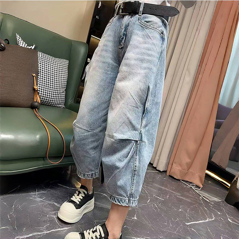 2025春夏新款大码高腰捏褶直筒牛仔裤女胖mm宽松小个子八分阔腿裤