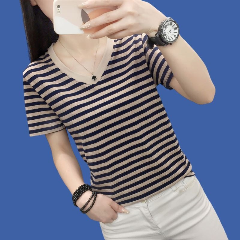 经典条纹夏装纯棉薄款复古大码女装宽松显瘦遮肚胖mm短袖t恤上衣