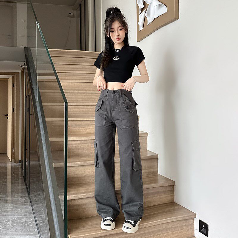 灰色高街辣妹薄款高腰直筒休闲工装裤女150小个子显瘦拖地裤Y2331