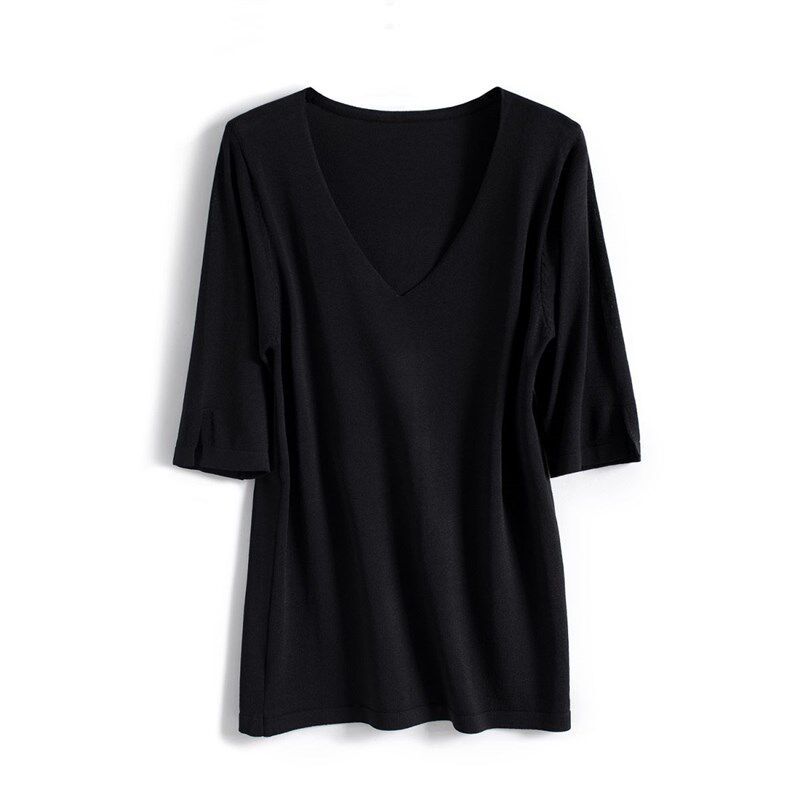 纯色冰丝V领打底针织衫薄款夏季大码胖MM中长款显瘦短袖上衣t恤女
