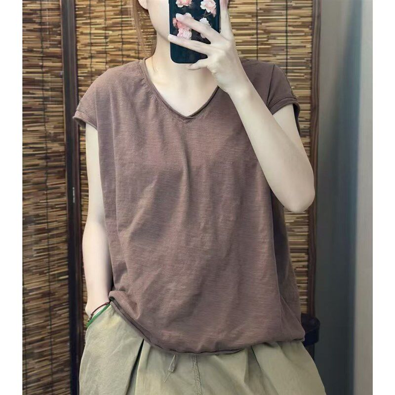 深灰色简约百搭纯色通勤显瘦宽松短袖V领T恤女夏季休闲透气上衣服