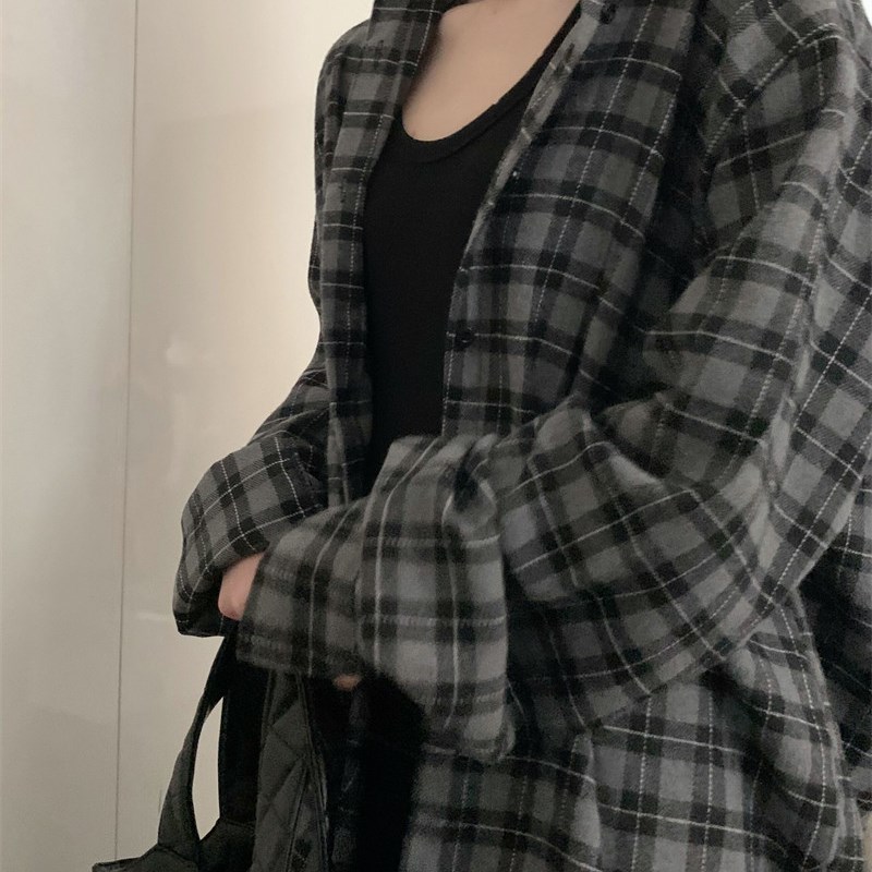 垂感深灰格子衬衫宽松高级感设计小众开衫休闲百搭衬衣外套春秋季