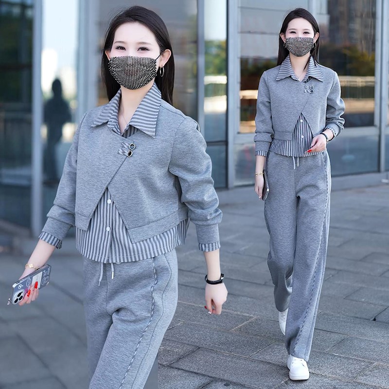 休闲运动套装女春季新款翻领条纹拼接假两件卫衣直筒裤时尚两件套