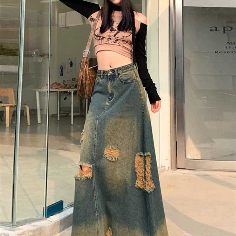 OROI复古A字做旧毛边牛仔半身裙女新款破洞高腰显瘦宽松破洞裙子